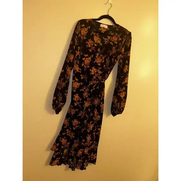C+D+M Boho Preppy Professional Old Money Black & Gold Floral Wrap Dress - Picture 2 of 14